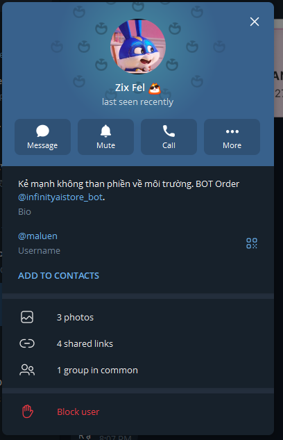 Hồ sơ Telegram người bán, username @maluen, bio dẫn tới bot bán hàng